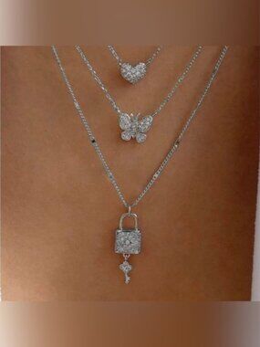 Silver 1pc Heart & Lock Rhinestone Layered Necklace
